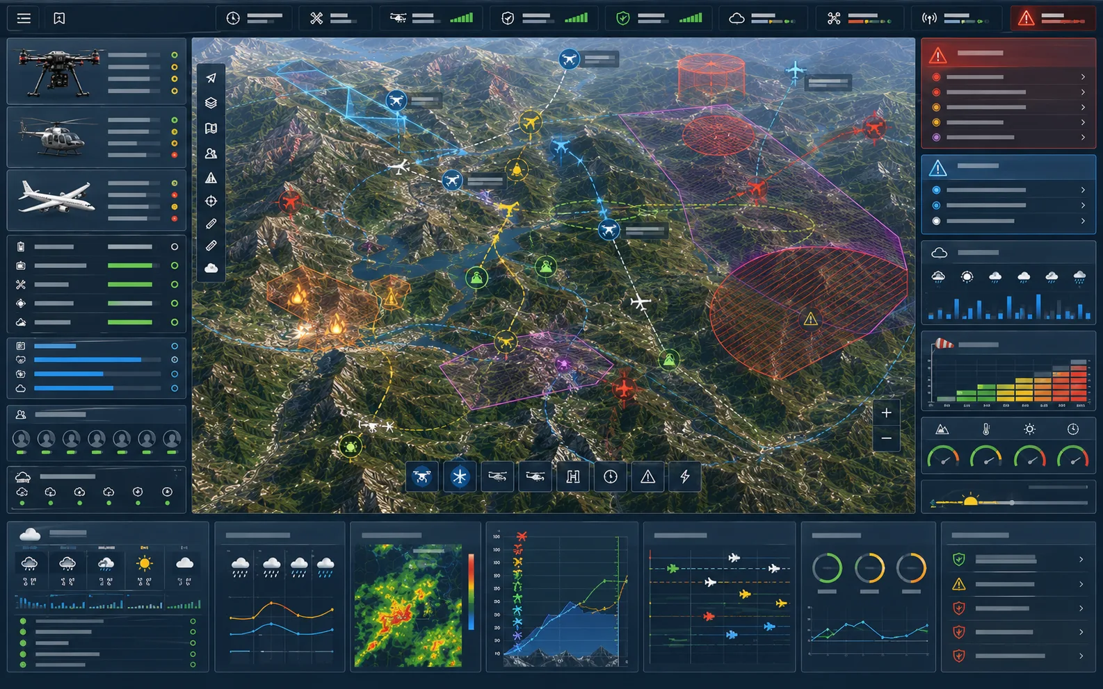 Concept aviation operations dashboard with ADS-B traffic, weather advisory, and deconfliction context.