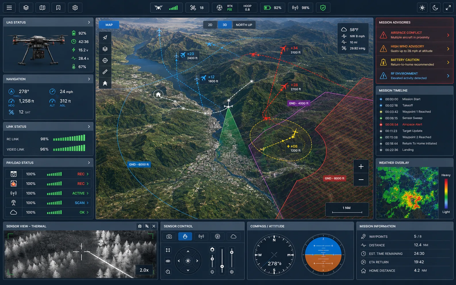 Concept UAS operator dashboard with live sensor view, airspace tracks, link status, and advisory alert state.