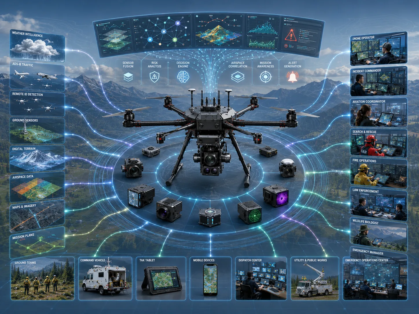 ARS unified operational ecosystem diagram connecting aircraft, sensors, mission displays, TAK, and decision-support services.