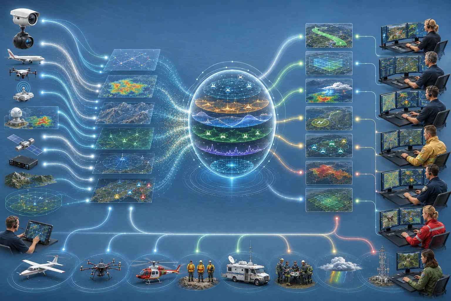 Mission intelligence pipeline diagram showing data movement from sensing through advisory mission outputs.