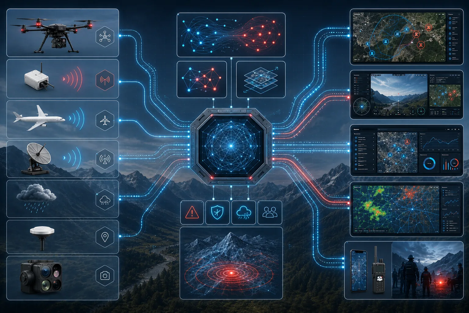 Diagram showing ARS sensing inputs flowing through fusion logic into operator and command displays.
