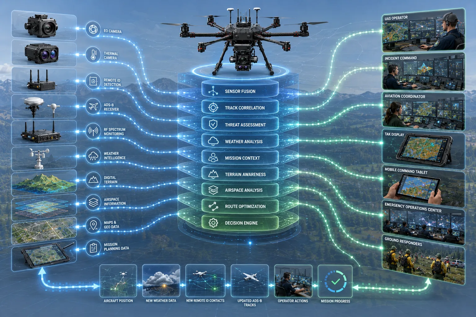 Sensor fusion architecture diagram for Remote ID, ADS-B, RF, thermal, GPS, and flight telemetry inputs.