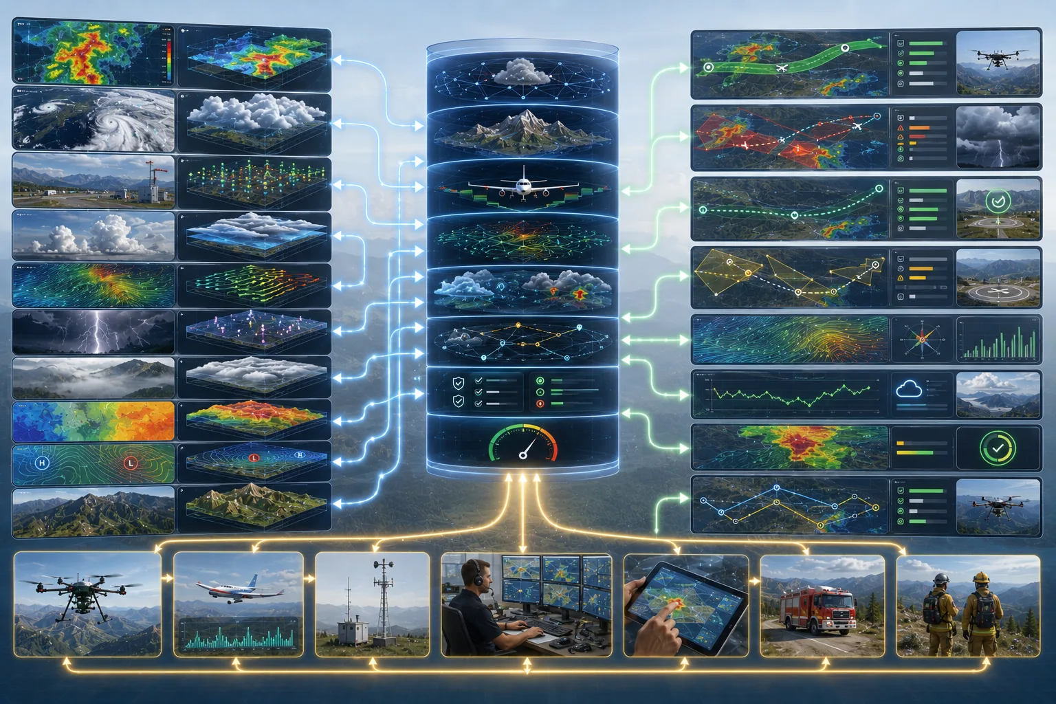 Weather decision engine diagram showing advisory-only aviation weather inputs and operator guidance outputs.