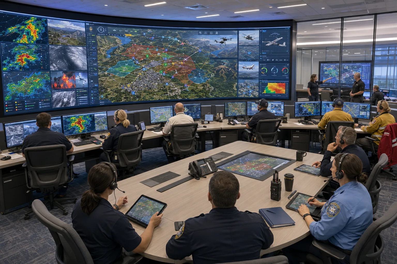 Multi-agency command center concept for shared public safety operational awareness.