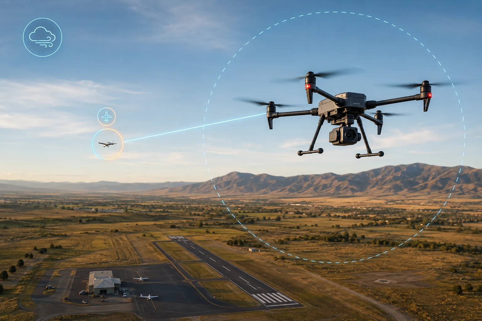 Aviation operations mission concept visual for ADS-B traffic awareness and weather-aware decision support.