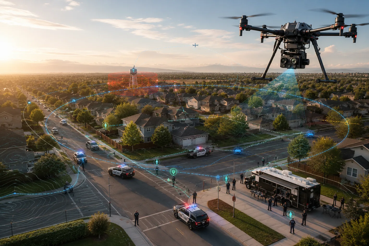 Law enforcement mission concept visual for unauthorized drone awareness and shared airspace context.