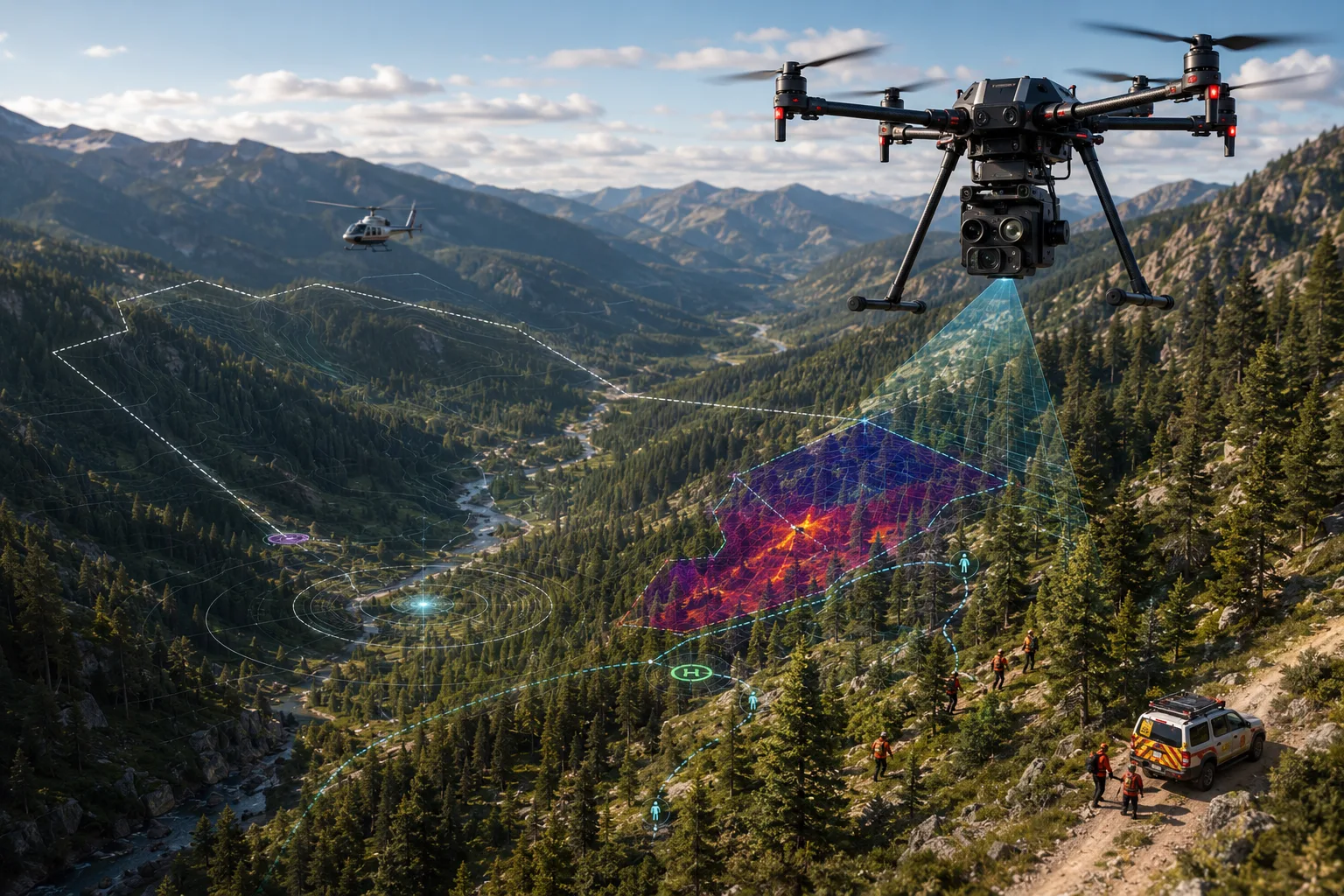 Search and rescue mission concept visual for thermal-assisted search sector prioritization.