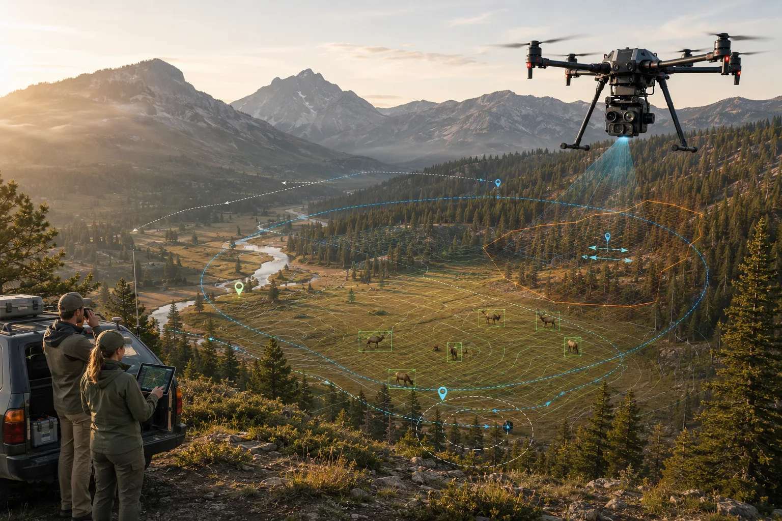 Wildlife and conservation mission concept visual for low-disturbance aerial survey operations.